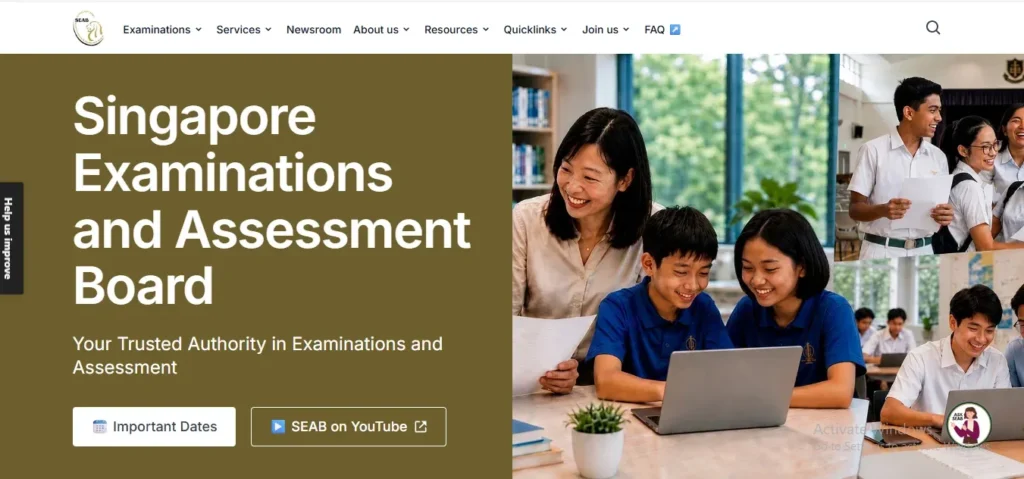 Screenshot of the Singapore Examinations and Assessment Board (SEAB) website homepage, displaying large text reading "Singapore Examinations and Assessment Board" alongside buttons for "Important Dates" and "SEAB on YouTube". On the right is a photo collage of smiling students in school uniforms working on laptops and reviewing paper documents with a teacher.