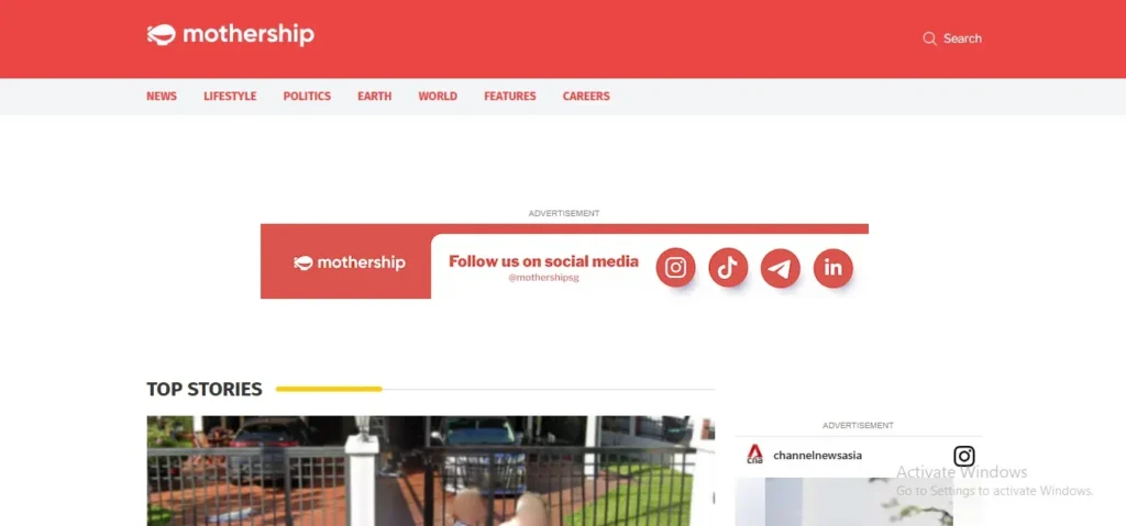 Screenshot of the Mothership website homepage displaying a red header bar with the Mothership logo and category navigation links. Below the header is a social media follow banner with icons for Instagram, TikTok, Telegram, and LinkedIn, above a section titled "Top Stories".
