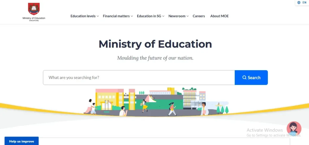 Screenshot of the Ministry of Education Singapore website homepage featuring the MOE logo, main navigation menu, search bar, and colorful student illustrations.