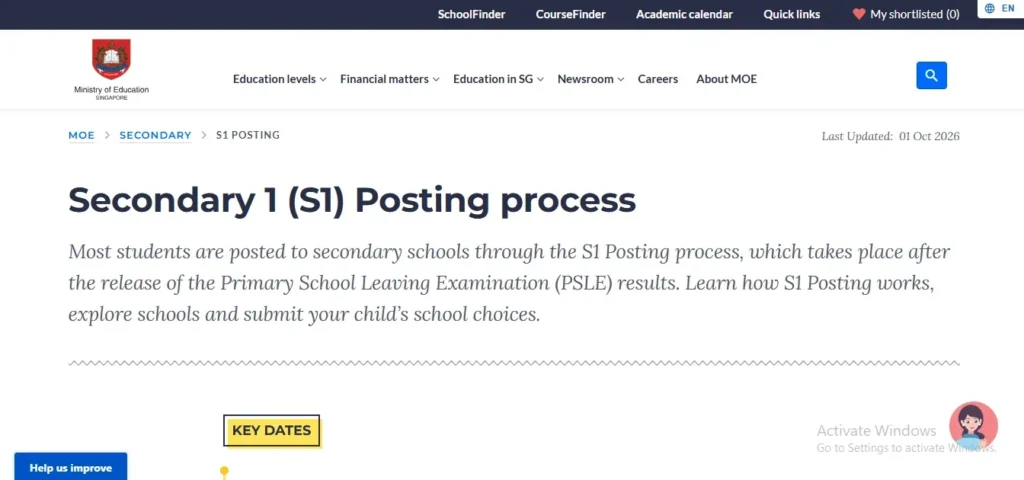 Screenshot of the Ministry of Education Singapore website page titled "Secondary 1 (S1) Posting process".