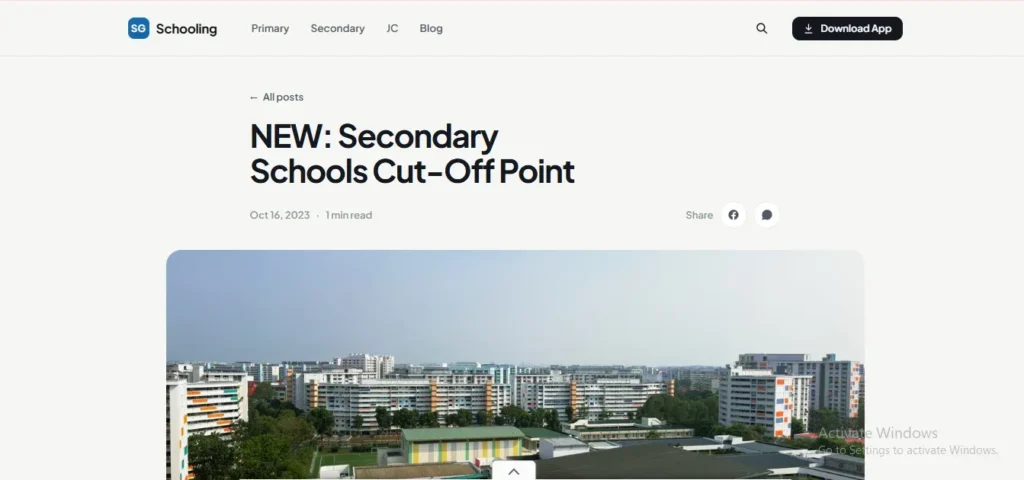 A screenshot of an SG Schooling website blog post titled "NEW: Secondary Schools Cut-Off Point," featuring a header image of a Singapore neighborhood skyline with residential flats and a school compound below.