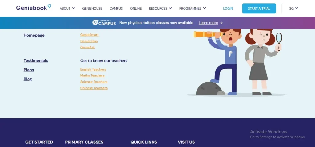 A screenshot of the Geniebook website navigation menu, featuring cartoon illustrations of two students—one looking through a telescope and the other holding a magnifying glass—alongside quick links for programs, blog, and teacher profiles.