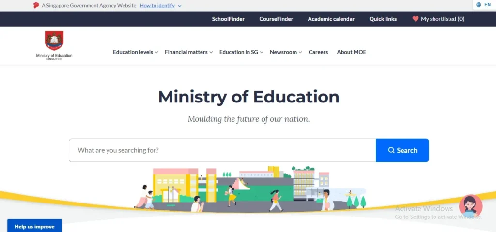 Screenshot of the Ministry of Education Singapore official website homepage displaying the agency logo, tagline "Moulding the future of our nation," navigation links such as SchoolFinder and CourseFinder, and a prominent search bar.