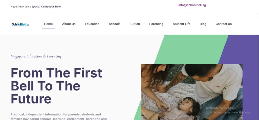 Screenshot of the SchoolBell.sg website homepage featuring the headline "From The First Bell To The Future" alongside navigation menu options for Education, Schools, Tuition, and Parenting.