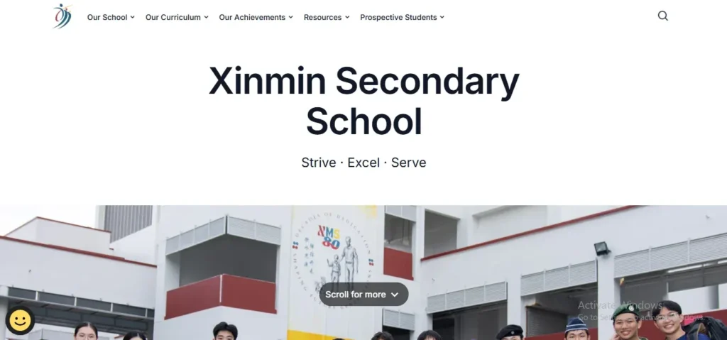 Screenshot of the Xinmin Secondary School website homepage displaying the school motto "Strive · Excel · Serve" and students standing in front of the school building.