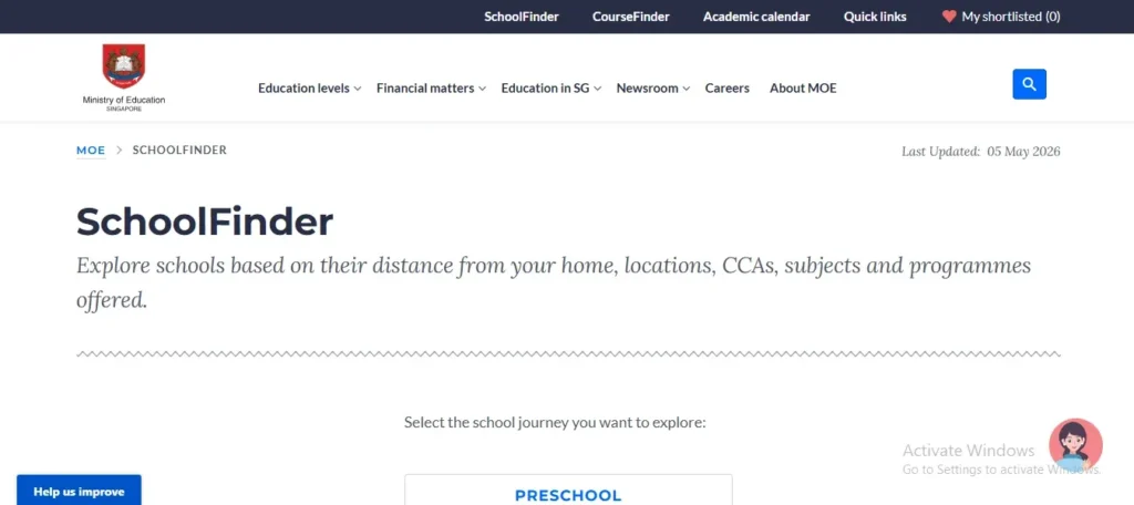 A screenshot of the Ministry of Education Singapore SchoolFinder web page featuring the MOE logo, navigation menus, and introductory text inviting users to explore schools based on distance, location, CCAs, and subjects offered.