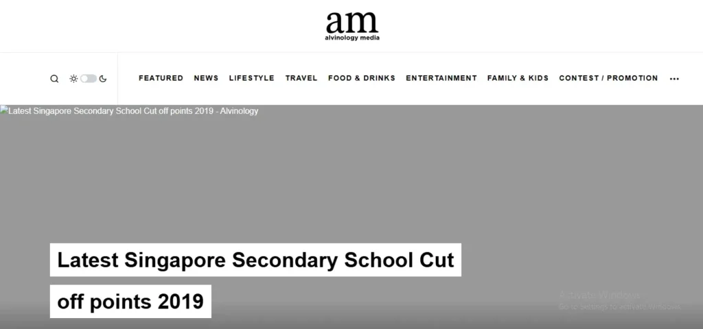 A screenshot of an article header on Alvinology Media titled "Latest Singapore Secondary School Cut off points 2019" against a gray background with the website navigation bar above.